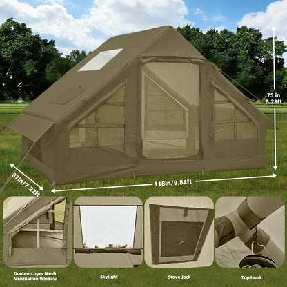 Inflatable Tents for Camping, 4-6 Person Easy Blow Up Tent with Hand Pump,4 Seasons Waterproof Air Inflatable Camping Tent,Hot Tent with Skylight and Stove Jack for Family Camping,Green
