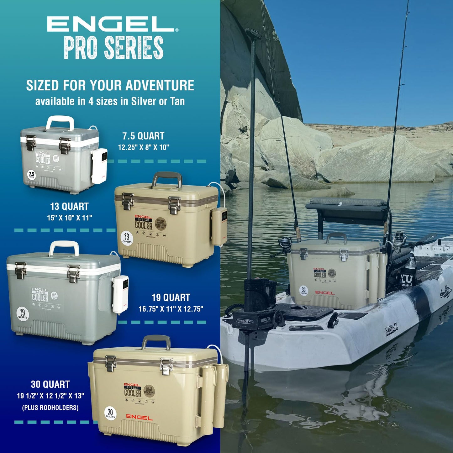 ENGEL 30 Quart Live Bait Cooler PRO for Fishing - Portable Minnow and Bait Bucket with Lithium-Ion Rechargeable Aerator with 4 Rod Holders - Silver (30QT)