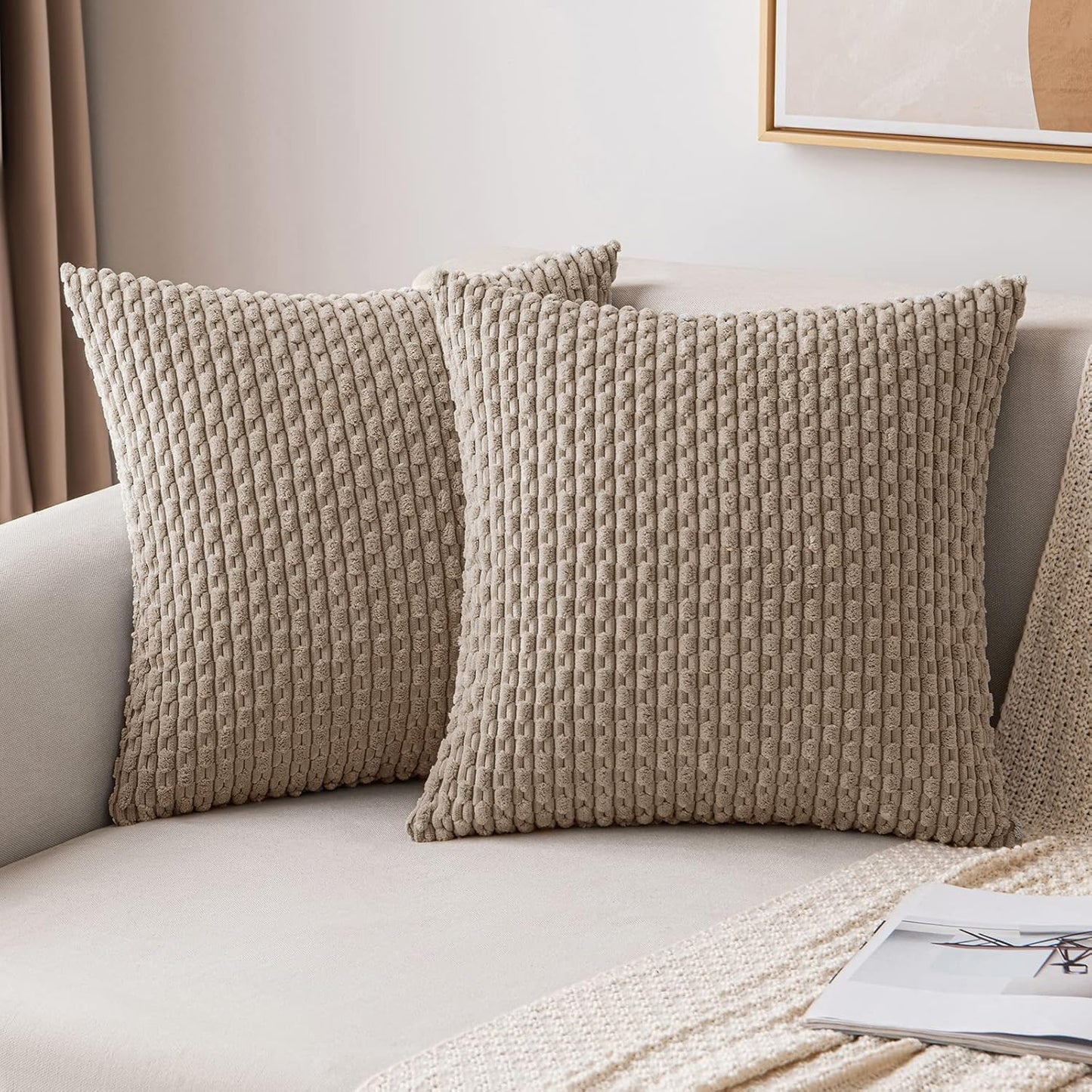 MIULEE Pack of 2 Decorative Throw Pillow Covers 18x18 Inch Soft Boho Striped Textured Corduroy Pillow Covers Modern Farmhouse Home Decor for Couch Bed Sofa Living Room Cream White
