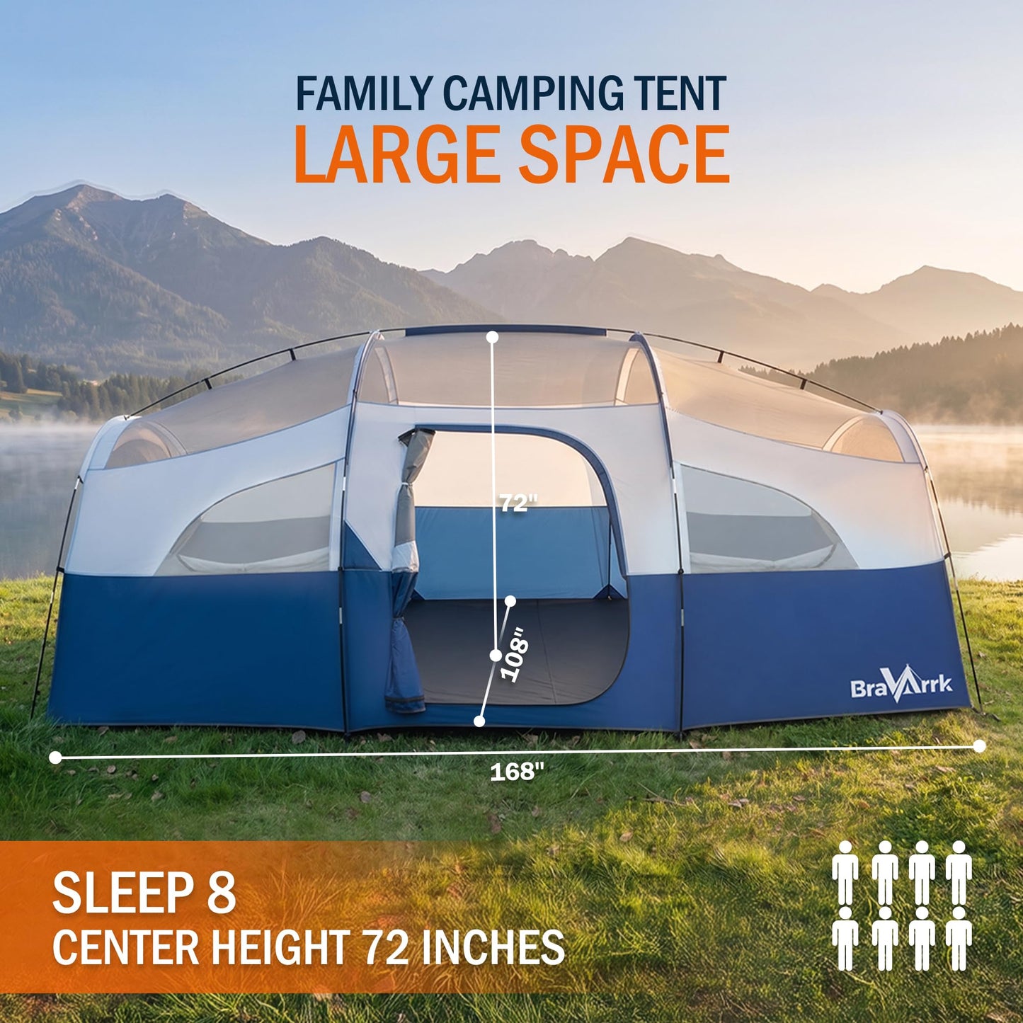 BravArrk Camping Tent for 8 Person, PU3000MM Waterproof Family Tent with Rainfly, Large Roomy 3 Room Camping Tents with Divided Curtain, Portable Outdoor Tent for Families Car Camping, 14x9x6 ft