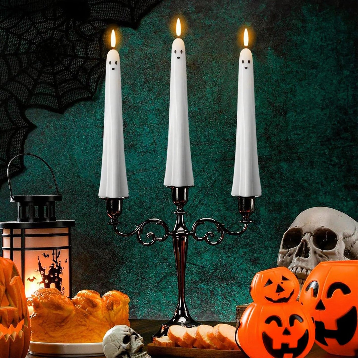 Halloween Ghost Flameless Taper Candles Battery Operated with Remote and Timer Real Wax 3D Wick Flickering White LED Taper Candlesticks Spooky Halloween Indoor Decor(2 Pack, 0.79"D x 9.5"H)