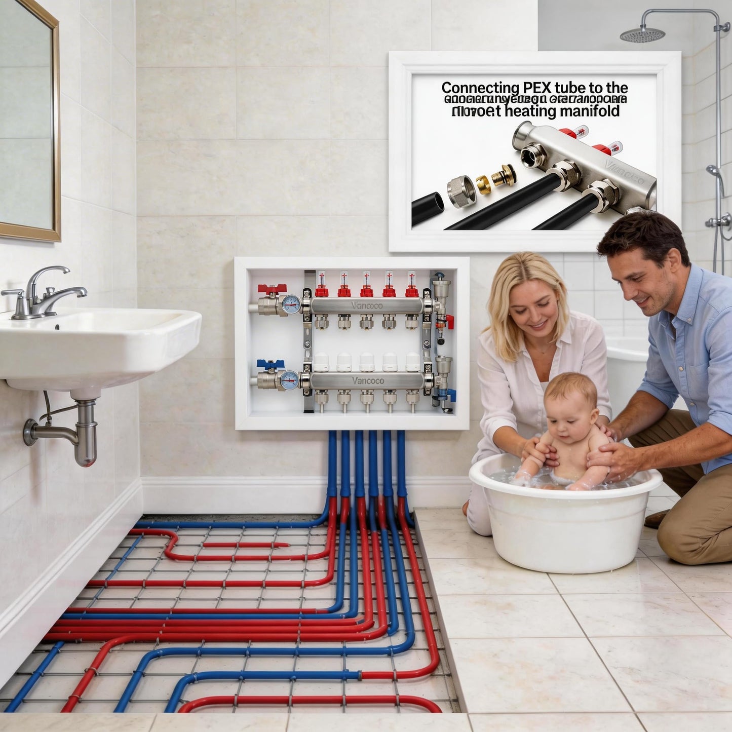 ‌VANCOCO 5 Loop Radiant Floor Heating Manifold, Stainless Steel Infloor Radiant Heat Manifold for Hydronic Radiant Floor Heating with1/2" Adapters