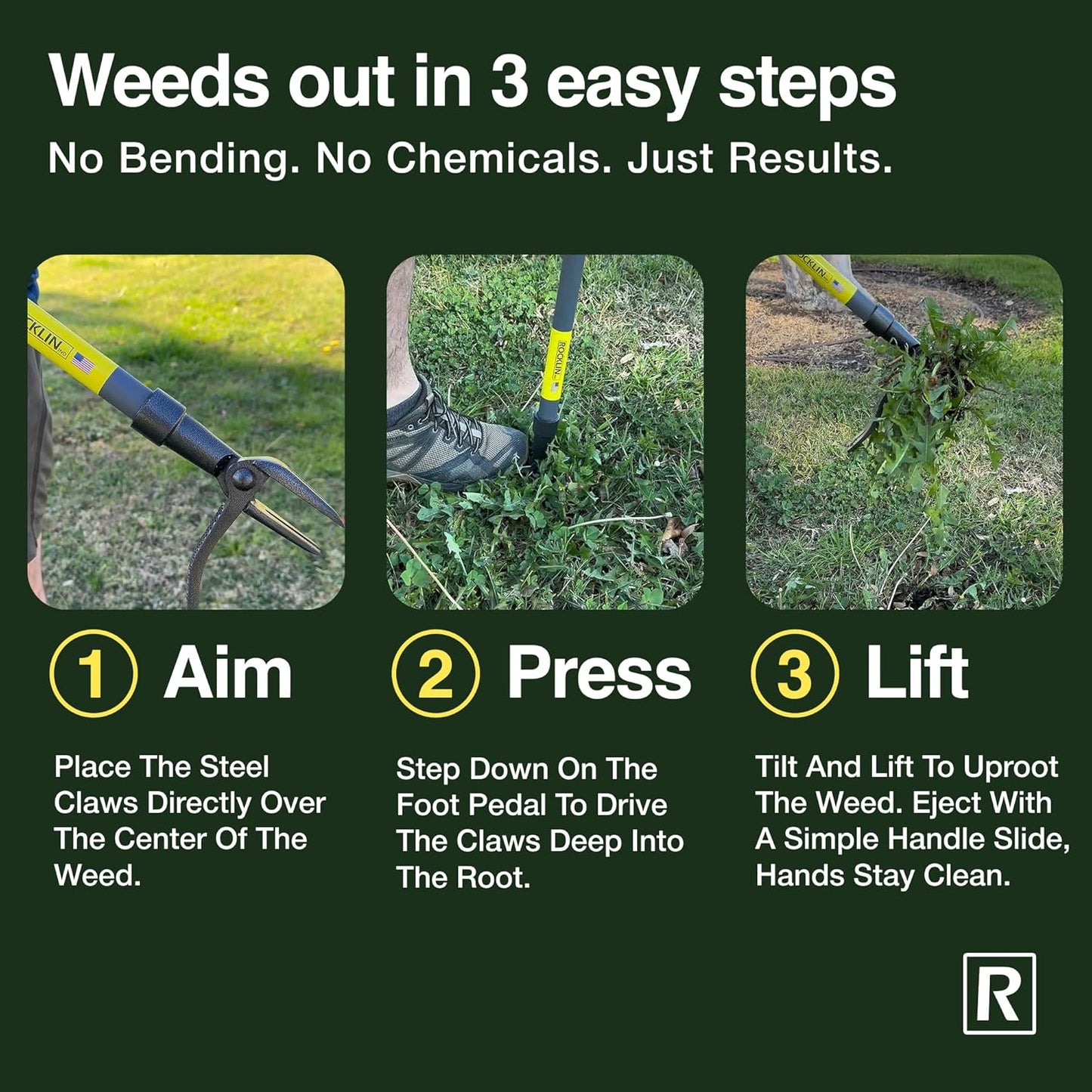 Rocklin™ Stand Up Weed Puller Tool - 4 Claw Steel Head - 48-Inch Handle for Easy Weeding
