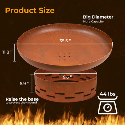 KOL Fire Pit for Outside Wood Burning, 35.5 Inch Large Round Firepit Bowl Outdoor and Patio, Heavy-Duty Bonfire Pit Oxidized Finish, Free-Standing, Camping Backyard Terrace