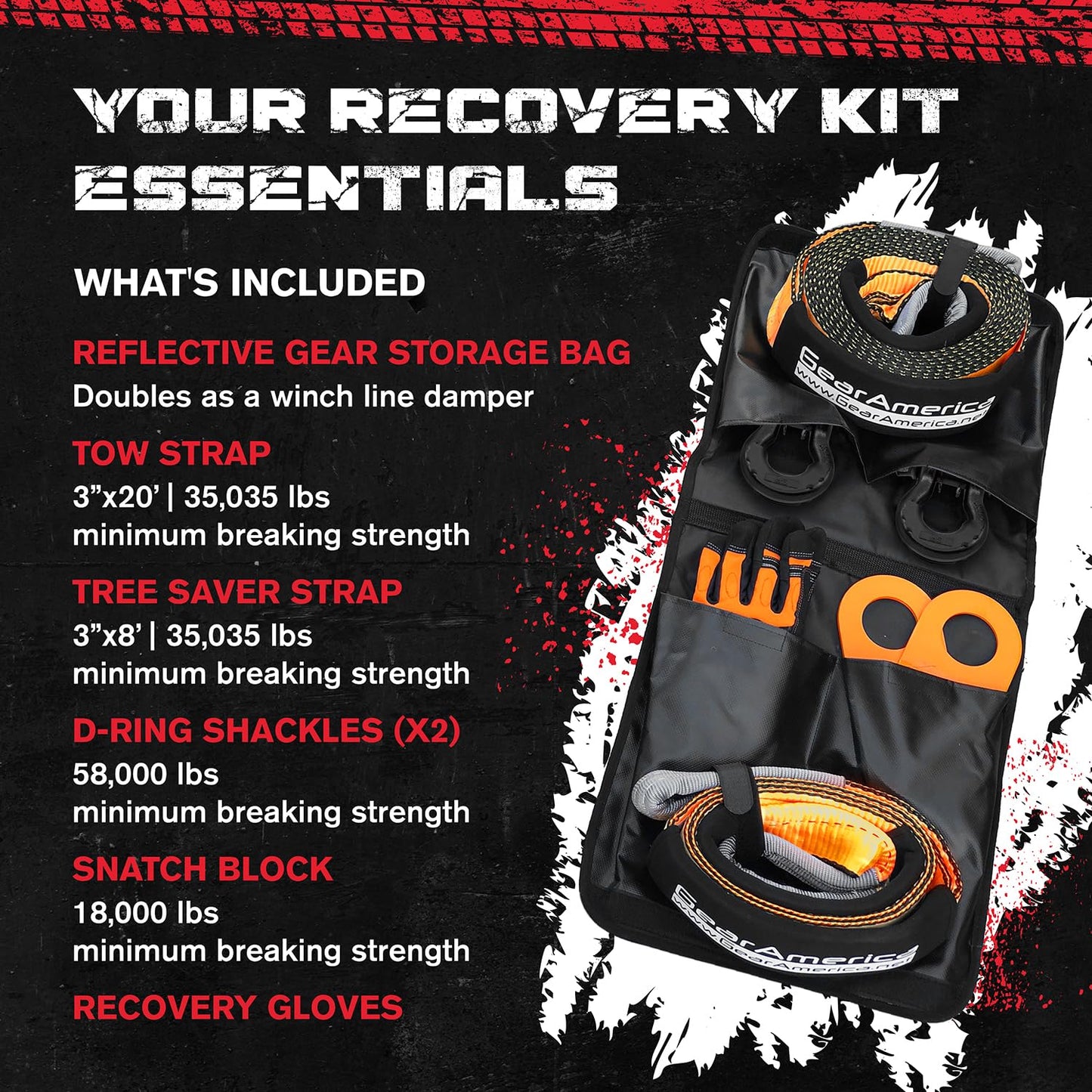 GearAmerica Off Road Recovery Kit, 9 Ton, Includes Tow Strap, Tree Saver, Snatch Block Pulley, D-Ring Shackles, Winch Line Dampener Bag, Gloves - Off Road Recovery Gear, 4x4, Black