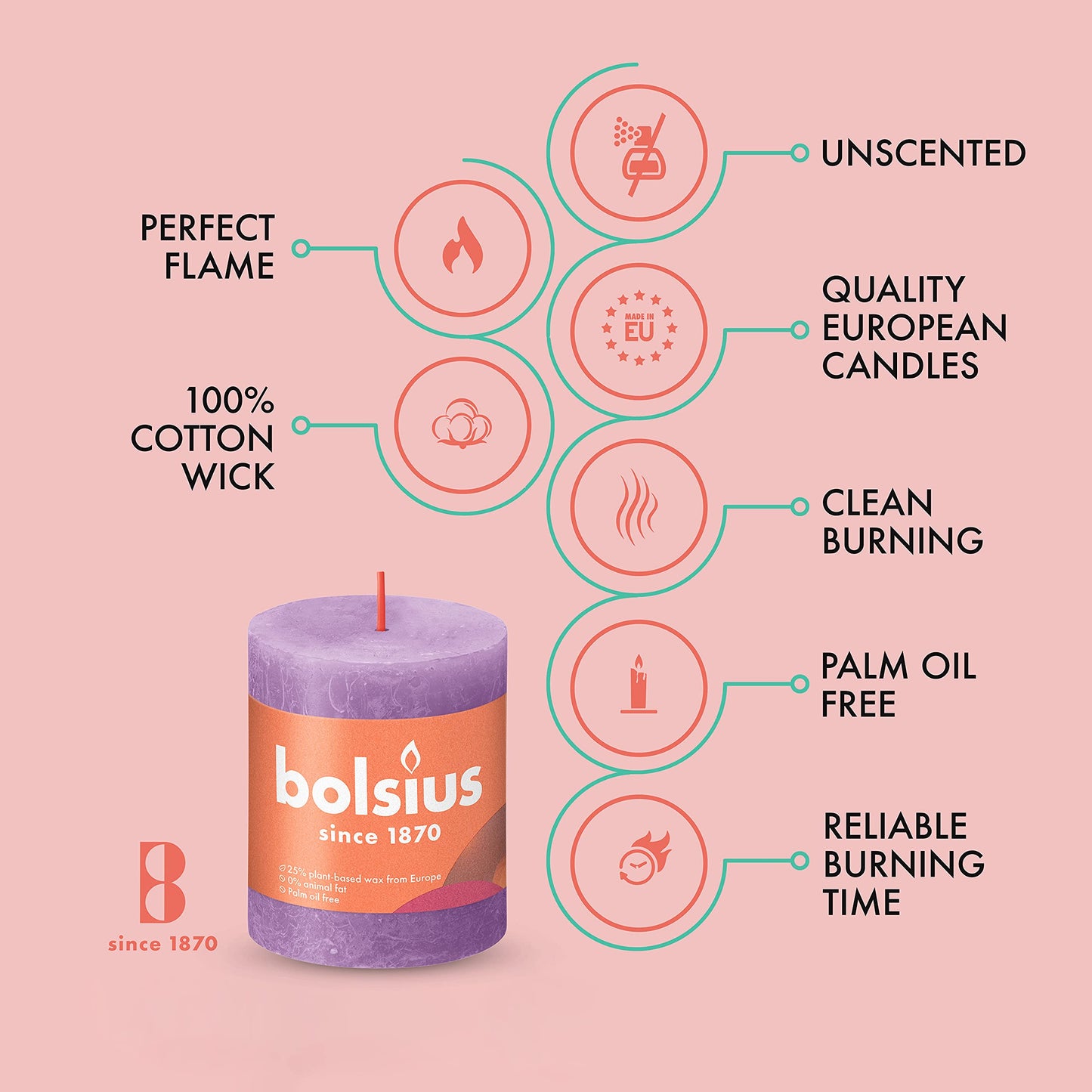 BOLSIUS 4 Pack Vibrant Violet (Purple) Rustic Pillar Candles - 2.75 X 3.25 inches - Premium European Quality - Includes Natural Plant-Based Wax - Unscented Dripless Smokeless 35 Hour Party Candles