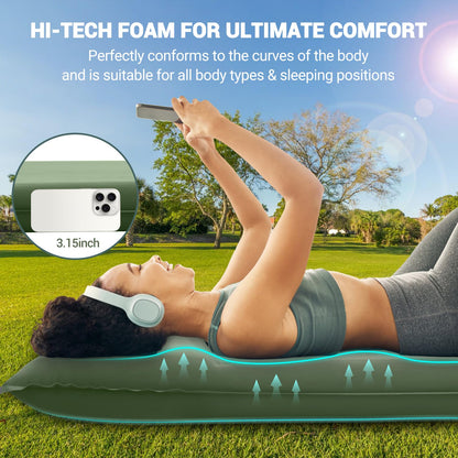 Elegear CumbreX™ Self Inflating Sleeping Pad, Built-in Electric Pump 3.15" Ultra-Thick Memory Foam Camping Mattress Pad with Pillow Double Sleeping Pad for Camping R-Value 9.5 Foam Camp Pad - Queen
