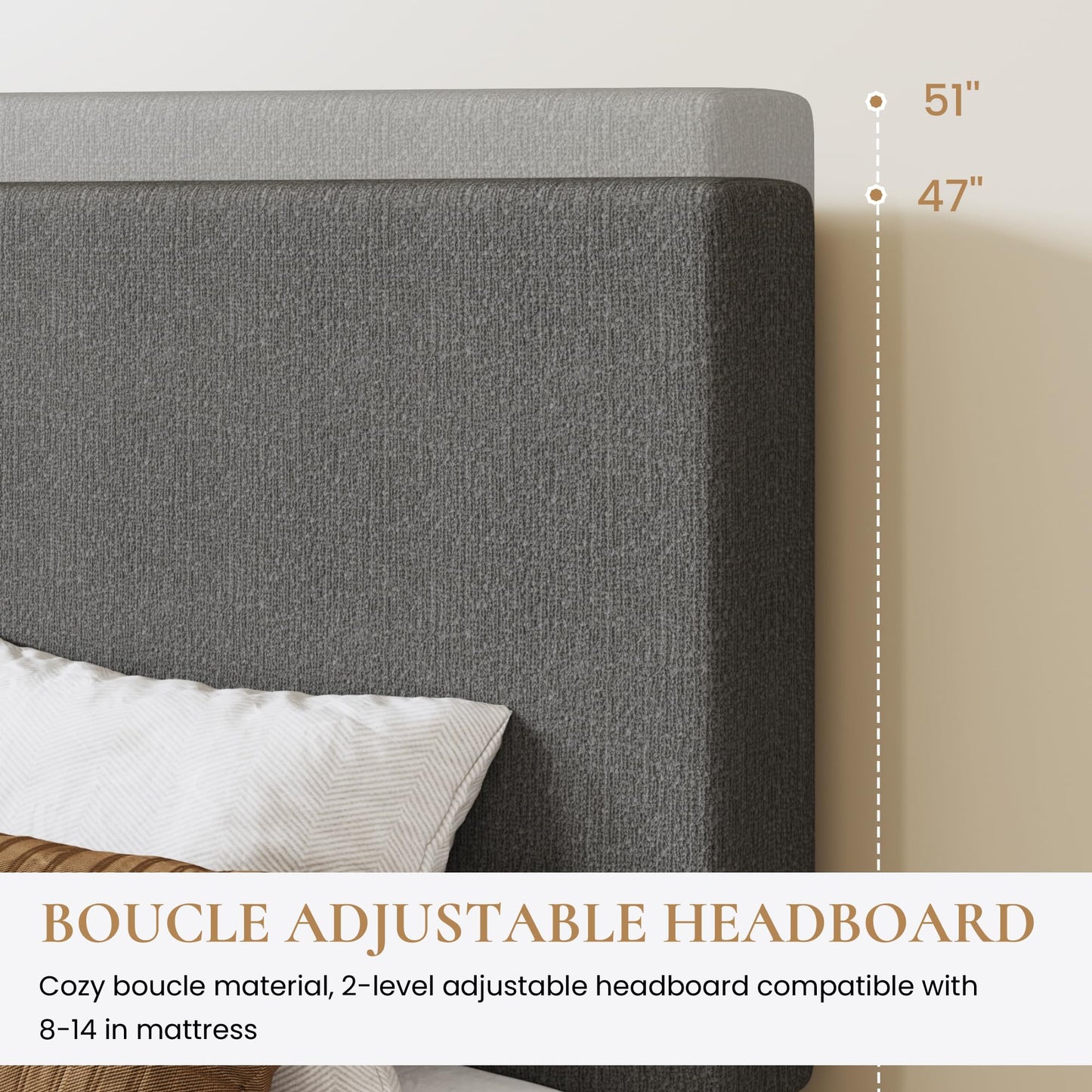 SHA CERLIN Full Size Platform Bed Frame with Adjustable Headboard and Wooden Slats Support, Boucle Upholstered Mattress Foundation, No Box Spring Needed, Easy Assembly, Dark Grey