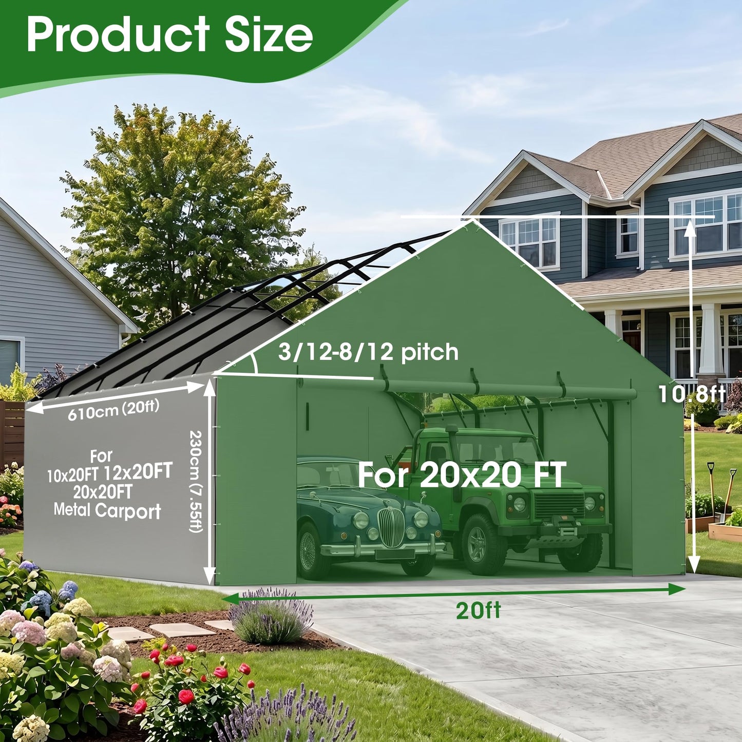 ELUZENE 2 Packs Metal Carport Sidewalls & 2 Pack Zipper Doors for 20'x20' Metal Carport, Waterproof UV Protected, Easy Assembly with Ball Bungees, Grey (Frame & Top Cover Not Included)