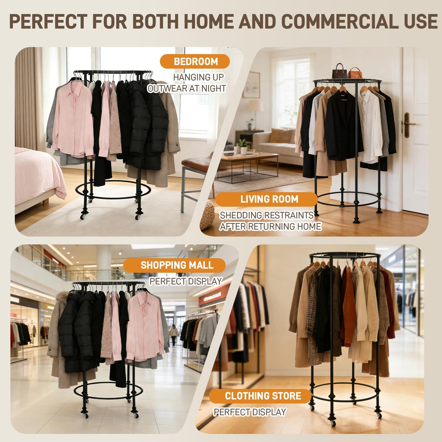 Gereat Dual-Form Rolling Round Clothing Rack, 330LBS Heavy Duty Garment Rack with Wheels or Leveling Feet, Rotating Commercial Retail Display Rack with Wood Topper for Boutique & Laundry Room