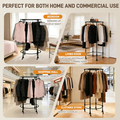 Gereat Dual-Form Rolling Round Clothing Rack, 330LBS Heavy Duty Garment Rack with Wheels or Leveling Feet, Rotating Commercial Retail Display Rack with Wood Topper for Boutique & Laundry Room