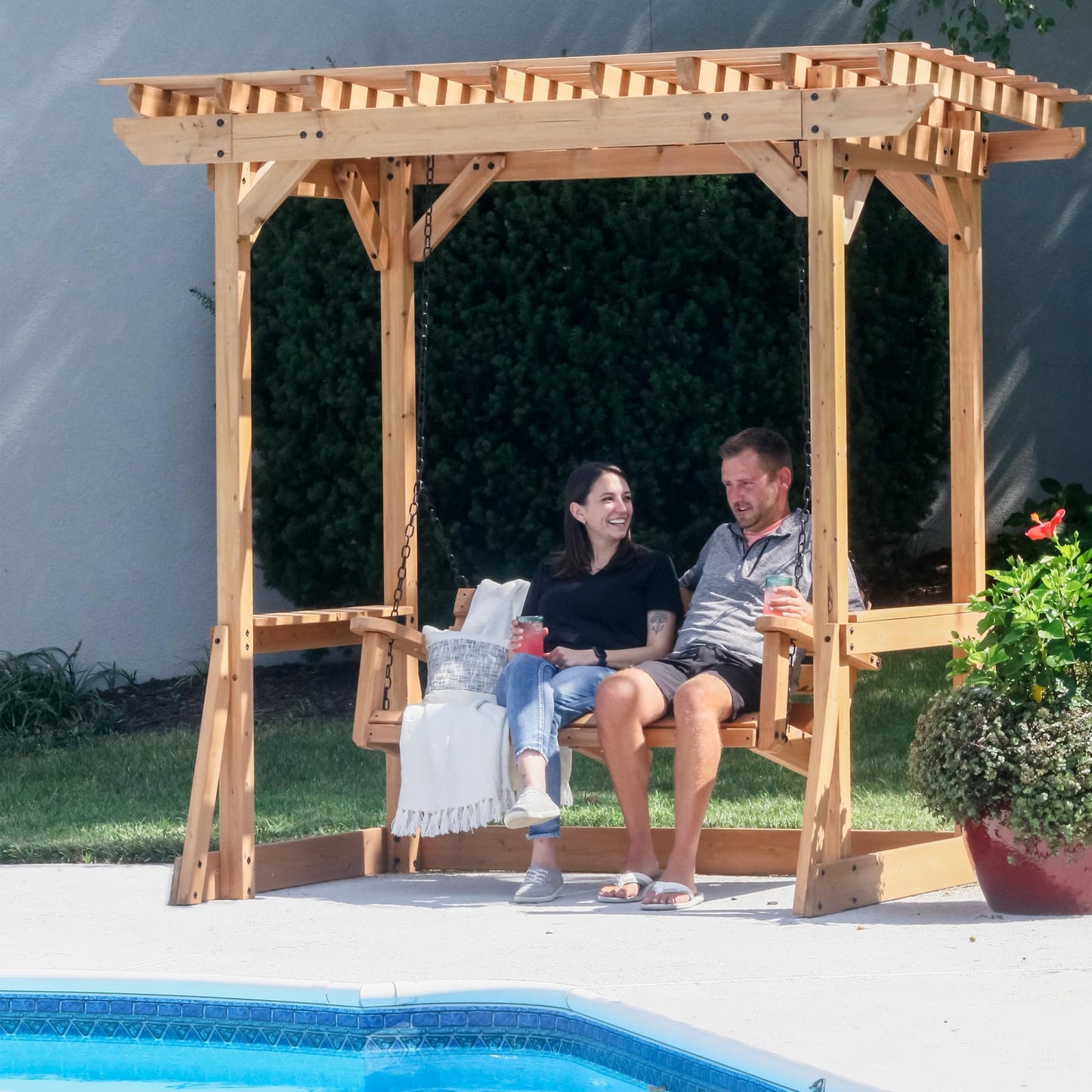 Backyard Discovery Callahan 8' x 5' Cedar Wood Outdoor Patio Pergola Swing Bench with Trellis, Two-Person Seating, Chains, Water Resistance, 600 Lb Weight Capacity for Porch, Patio, Deck, Garden
