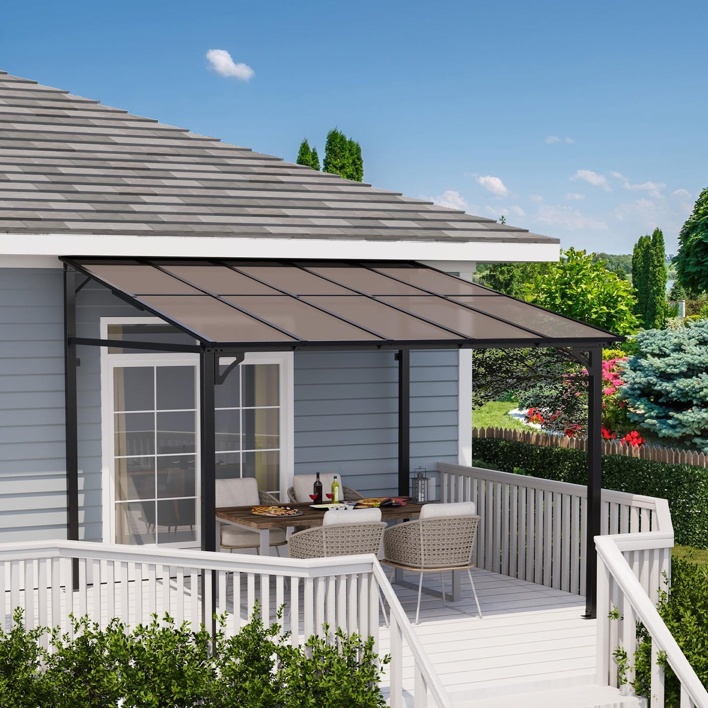 Garvee 10x10 ft Outdoor Lean to Gazebo, Wall Mounted Patio Hardtop Gazebo Pergola with Polycarbonate Roof, Upgraded Steel Frame Hardtop Pavilion for Patio, Garden, Lawn, Deck