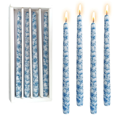 Floral Taper Candles 10inch Long Dripless Chinoiserie Candlesticks Blue and White Handmade Unscented Candle Sticks for Emergency Wedding Home Décor Festive Seasons Holiday 4pcs