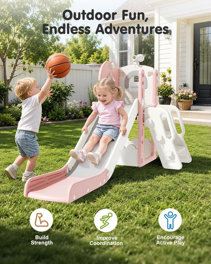 Babytronic Toddler Slide for Kids 1-3, 6-in-1 Toddler Slide Set with Basketball Hoop & Telescope, Indoor Outdoor Toddler Playset, Kids Climber Playset for Small Spaces, Indoor Playground, Pink