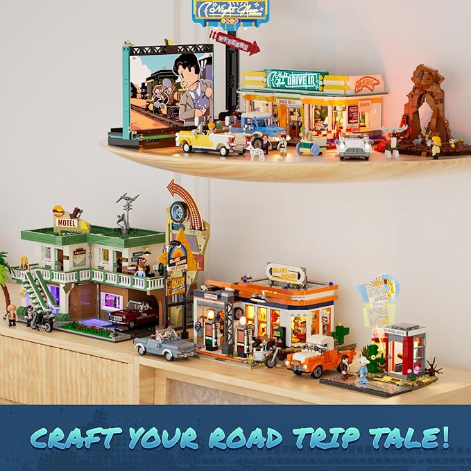 City Sunset-Stopover Lighting-Building-Bricks Set - Road Trip Car Station Modular Collection LED Light Building Set 455 Pcs for Adults Teen and Travelling Enthusiasts