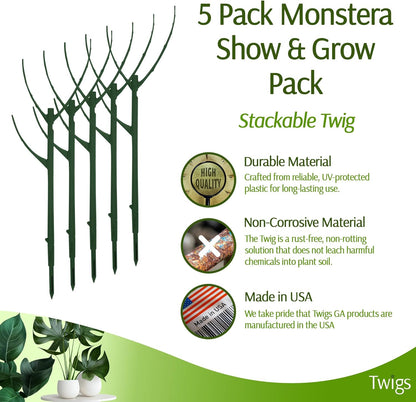 Twigs GA - Stackable Monstera Plant Support Stakes | Climbing Support for Indoor & Outdoor Use - 17" L, 5 Pack