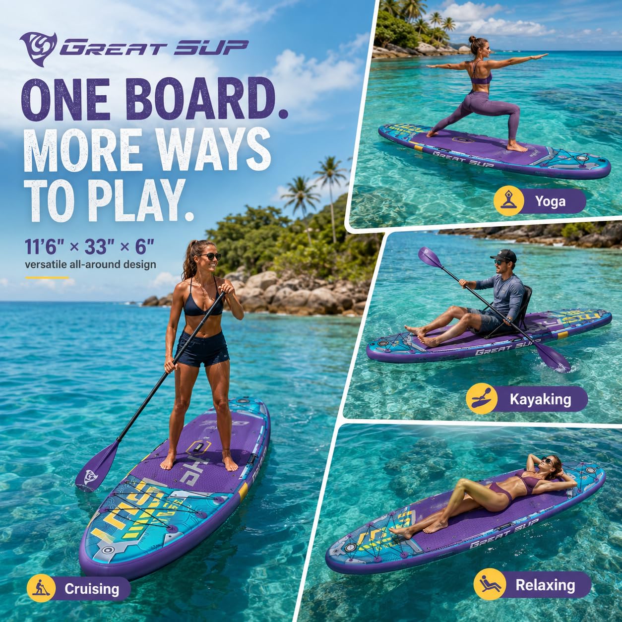 11'6'' Inflatable Stand Up Paddle Board for Adults, Non Slip Deck Blow Up Paddle Board for Fishing Yoga, Paddleboards with SUP Accessories, Fins, Leash, Air Pump, Seat, Backpack