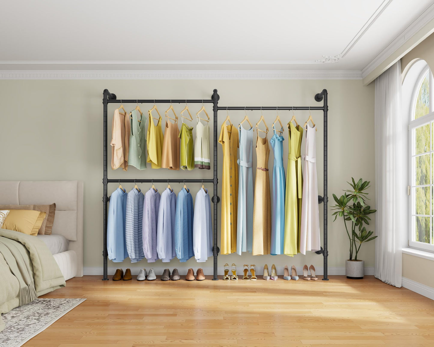 Timate P2 Industrial Pipe Clothes Rack, Wall Mounted Open Closet System with 3 Hanging Rods, L-Shape & Straight Configuration Garment Rack for Closet, Bedroom, Apartment, Retail Display, Black
