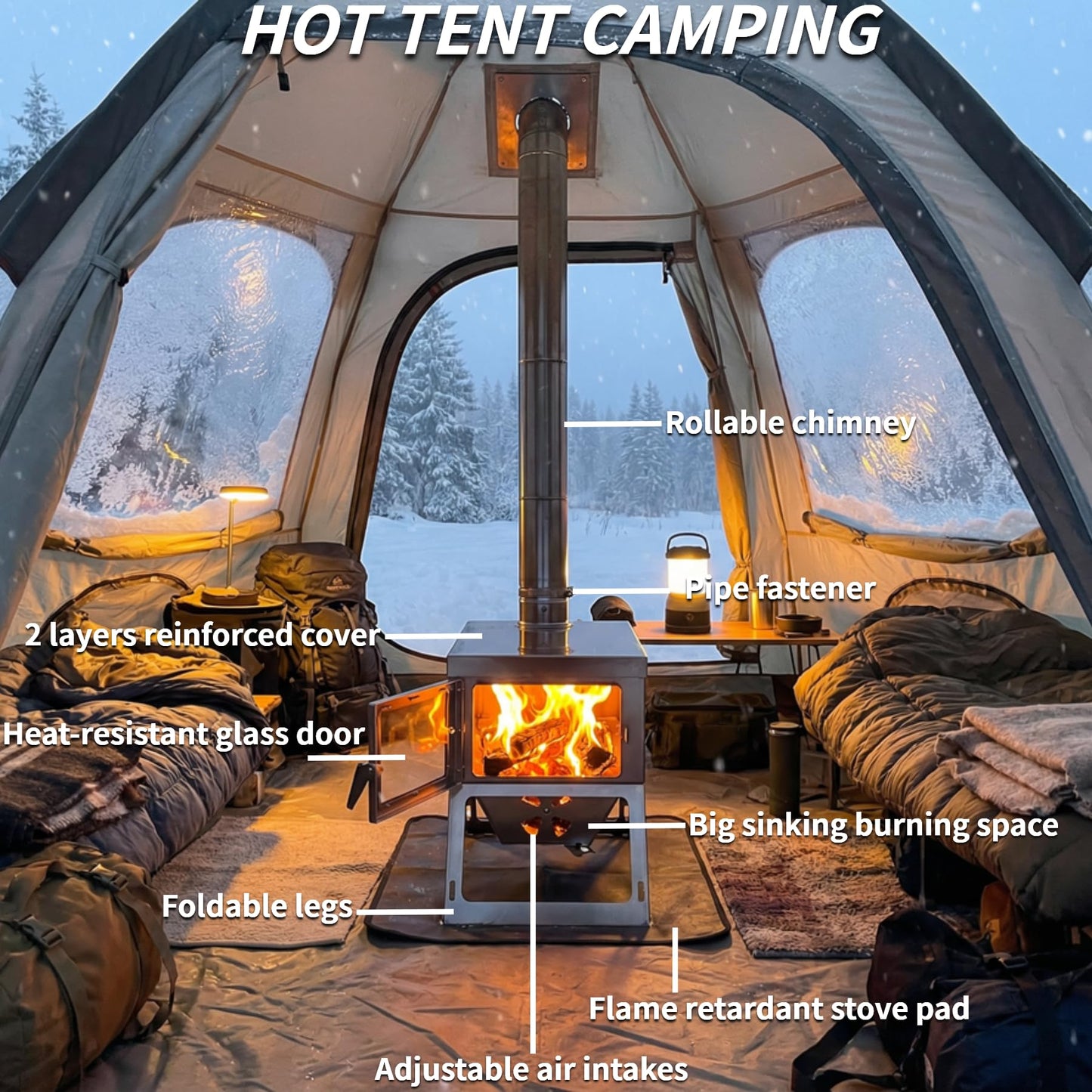 DANCHEL OUTDOOR S7C Wood Stove for Hot Tent, Portable Folding Camping Stove with Insulated Pad & Spark Arrestor, 304 Stainless Steel Collapsible Body for Winter Survival Cooking