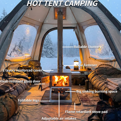 DANCHEL OUTDOOR S7C Wood Stove for Hot Tent, Portable Folding Camping Stove with Insulated Pad & Spark Arrestor, 304 Stainless Steel Collapsible Body for Winter Survival Cooking