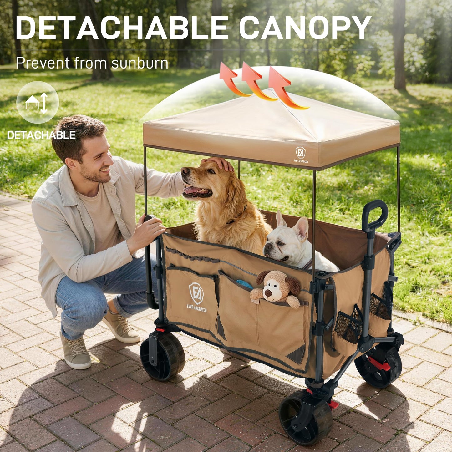 EVER ADVANCED Folding Push Wagon with Canopy, Portable Shopping Cart with Brakes, Collapsible Wagon Cart with All-Terrain Big Wheels for Camping, Beach, Sports