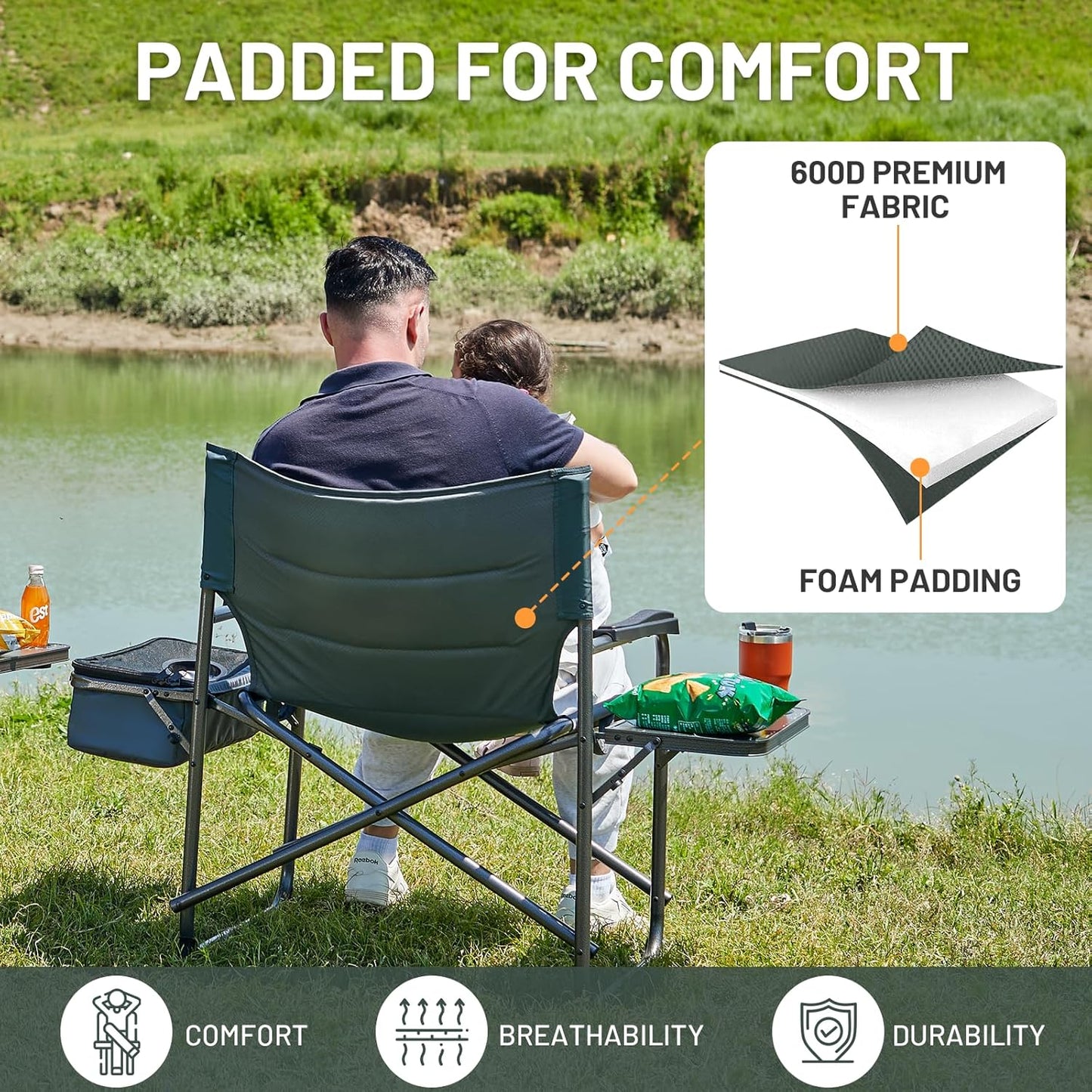 Timber Ridge XXL Oversized Directors Chair - Heavy Duty 600lbs Camping Chair with Cooler Bag & Table | Portable Grey Folding Chair for Tailgating & Outdoor Use