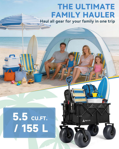Hikenture Beach Wagon with 12" Balloon Wheels, Upgraded PU Tires Collapsible Wagon, 500lbs Heavy Duty Beach Cart for Sand, Large Capacity Foldable Utility Wagon for Family Outings