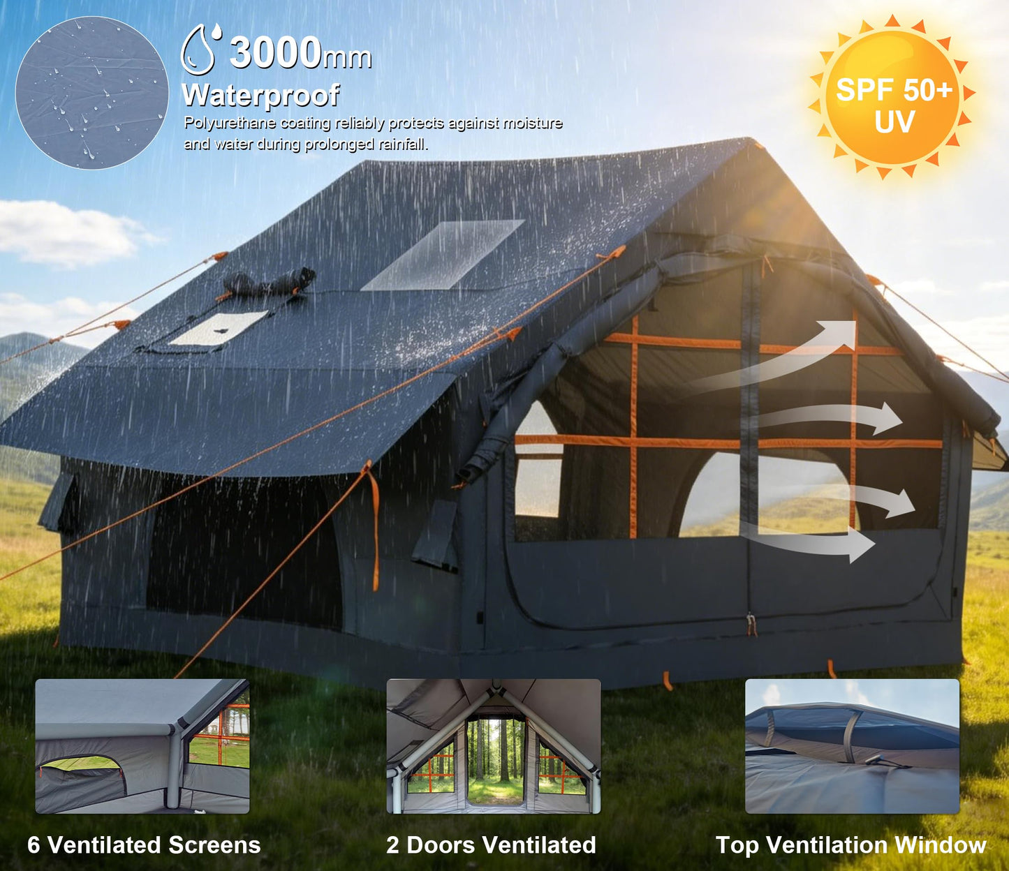 SHANQUAN Inflatable Tents for Camping with Stove Jack, 4/6 Person Easy Setup Blow up Tents for 4 Seasons Waterproof Inflatable Camping Tent with Clear Skylight, Air House Glamping Tents for Adult