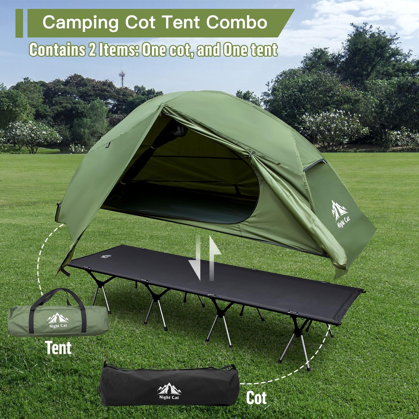 Night Cat Camping Cot Tent with Self-Inflating Sleeping Pad and Camping Sleeping Bag Waterproof 1-Person Off-Ground Combo Cot Bed for Adults Portable Easy Set-up Tent