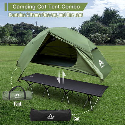 Night Cat Camping Cot Tent with Self-Inflating Sleeping Pad and Camping Sleeping Bag Waterproof 1-Person Off-Ground Combo Cot Bed for Adults Portable Easy Set-up Tent