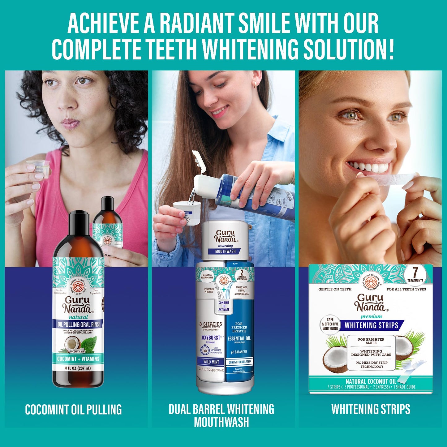 GuruNanda Total Smile Makeover Kit Regular with Cocomint Oil Pulling, Dual Barrel Whitening Mouthwash, Whitening Strips & Butter on Gums Toothbrushes