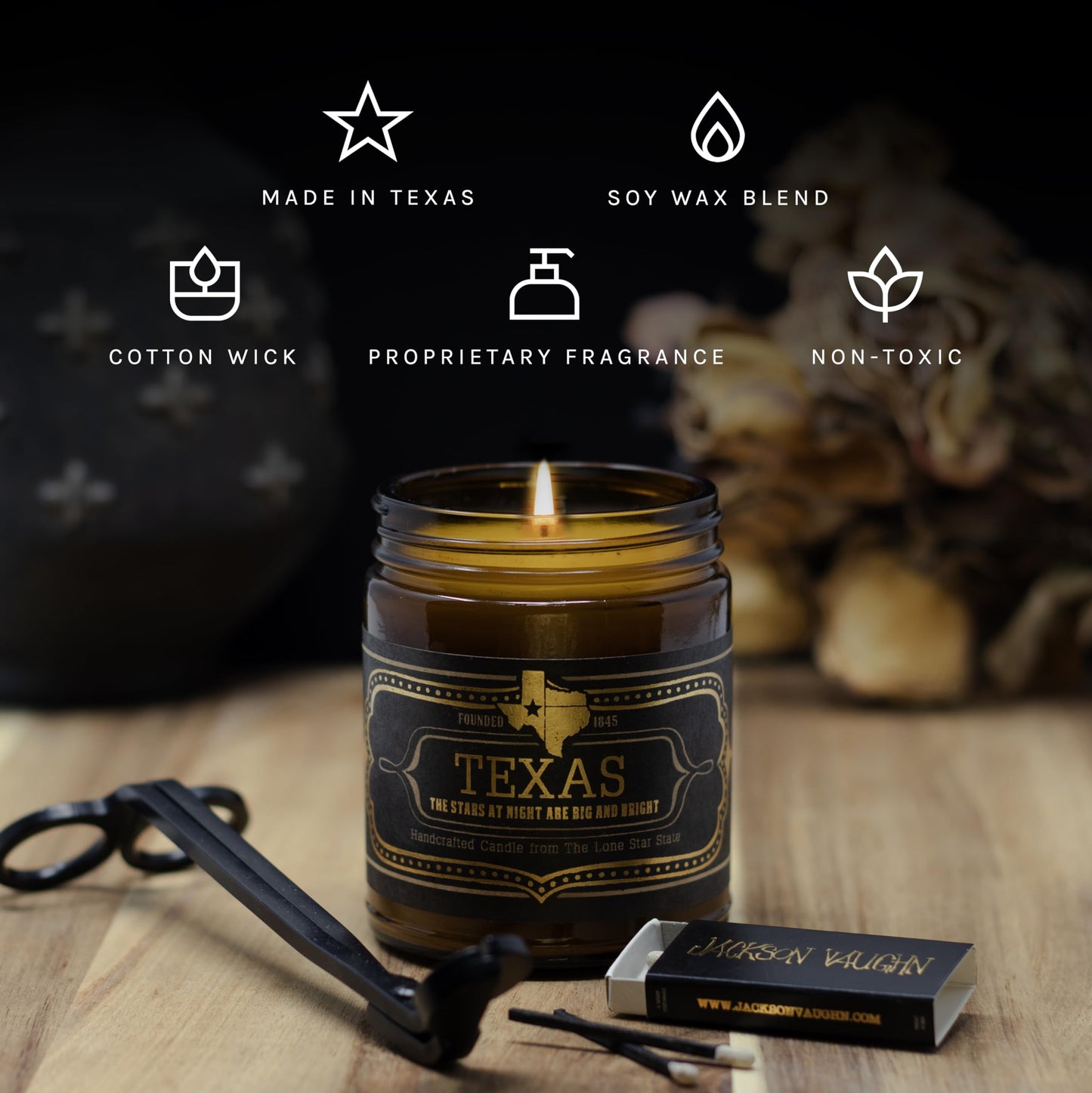 Jackson Vaughn Scented Texas Candle, Texas - Scents of Wild Sage, Vanilla, Campfire - 9oz Jar - 40 Hour Burn Time
