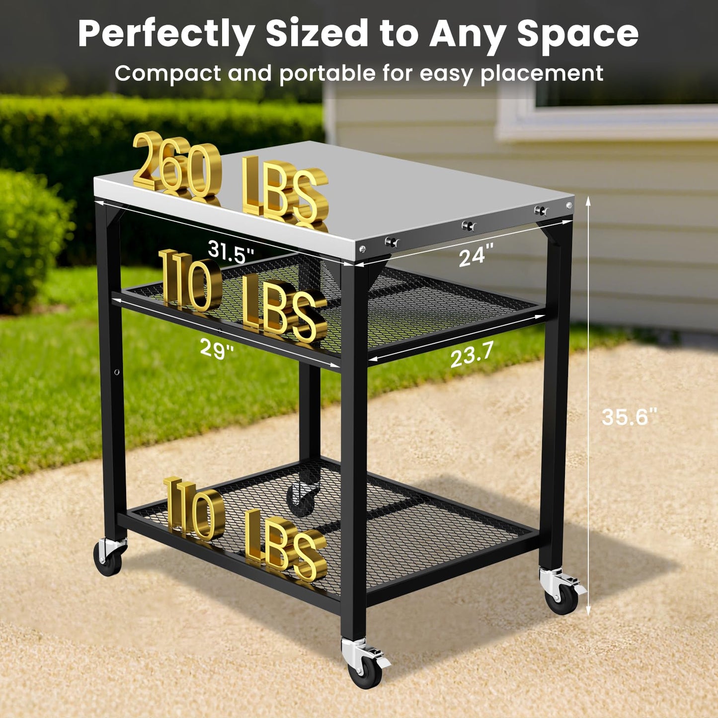 Pizza Oven Table for Ninja Woodfire, Blackstone, Cuisinart, 32x24 Inch Stainless Steel Outdoor Grill Prep Cart with Hooks, Portable Food Station