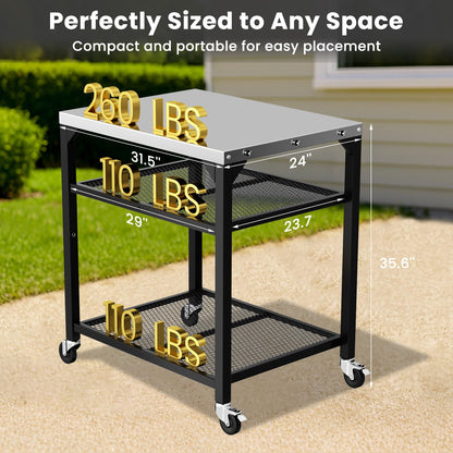 Pizza Oven Table for Ninja Woodfire, Blackstone, Cuisinart, 32x24 Inch Stainless Steel Outdoor Grill Prep Cart with Hooks, Portable Food Station