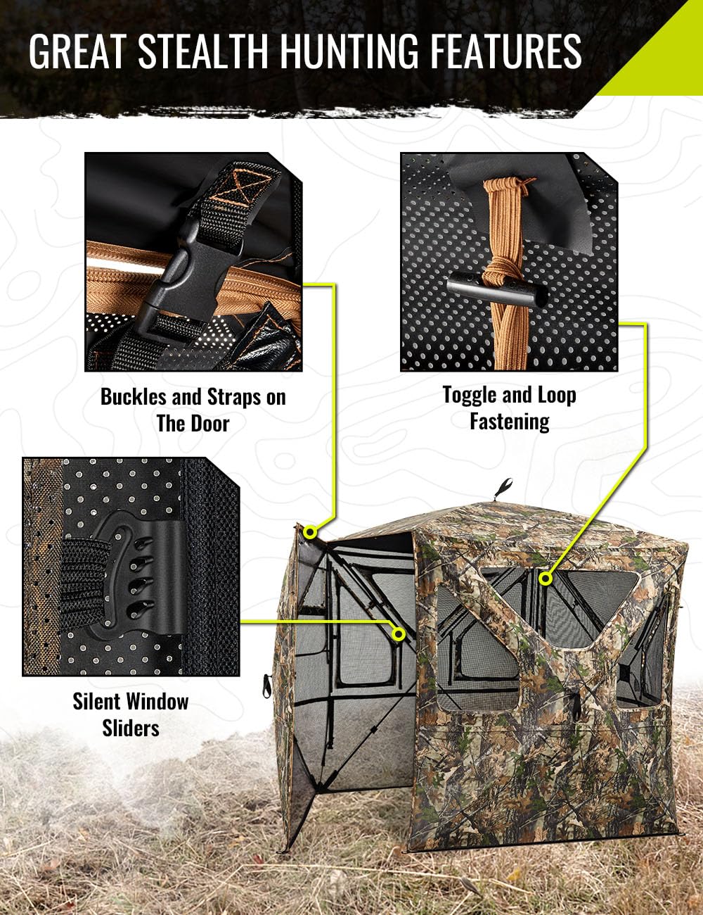 TIDEWE Hunting Blind 360°See Through with Large Open Door, Pop Up Ground Blind with Removable Curtain & Carrying Bag, Portable Resilient Tent(Forest Fade Camo, 2-3 Person, 4-Sided Swing Door)