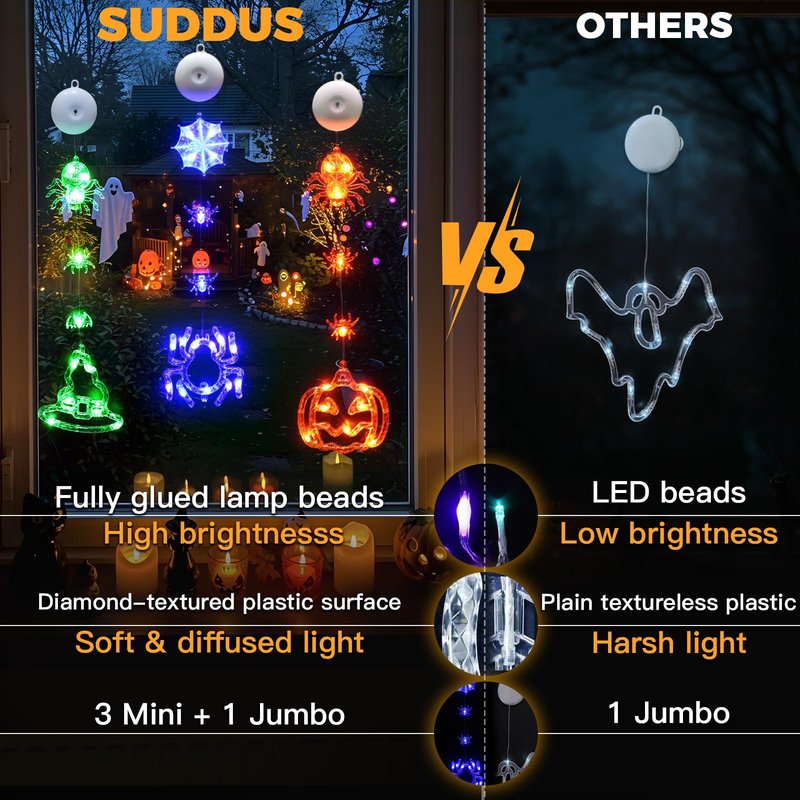 suddus 3 Pack Halloween Lights Battery Operated with Timer, Orange Pumpkin Violet Spider Green Witch Hat Halloween Decor Window Lights with Suction Cup for Home Indoor Party Decorations