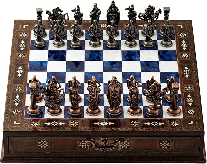 15” Handmade Wooden Storage Chess Set – Handmade Wooden Chess Board with Metal Pieces – Luxury Chess Gift for Adults Decorative &amp Collectible (Blue)