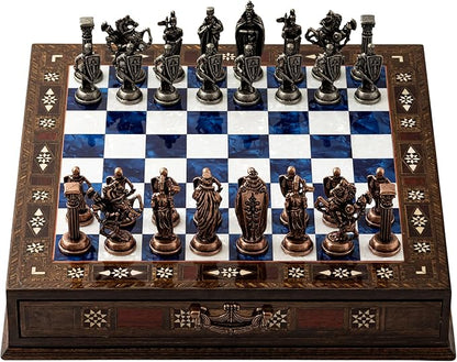 15” Handmade Wooden Storage Chess Set – Handmade Wooden Chess Board with Metal Pieces – Luxury Chess Gift for Adults Decorative &amp Collectible (Blue)