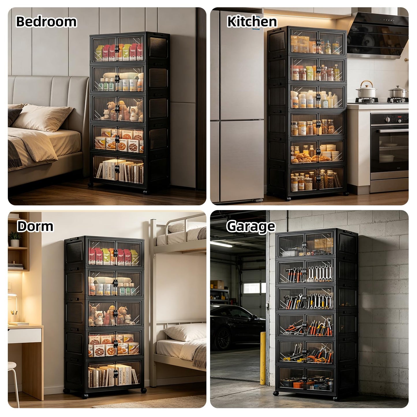FoldTrend 5-Tier Foldable Storage Cabinet with Wheels & Lid, 242QT Large Stackable Organizer, No Tool Required, Storage Cabinet for Garage, Home Office, Pantry, Kitchen, Dorm