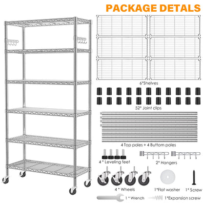 YNN Storage Shelves,6000Lbs 6 Tier Heavy Duty Metal Rolling Shelving Unit with Wheels & 8 Hooks, Adjustable Garage Wire Rack for Kitchen, Bathroom,Industrial,Pantry(36" W x 14" D x 72" H, Chrome)
