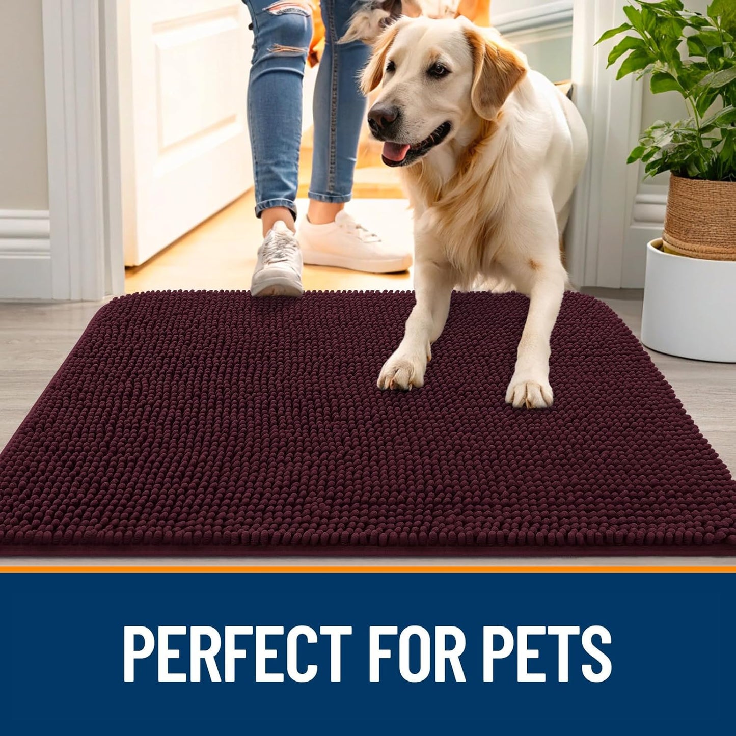 OLANLY Dog Door Mat - Absorbent Non-Slip Washable Chenille Mat for Muddy Paws | 35x24 Inches, Russet