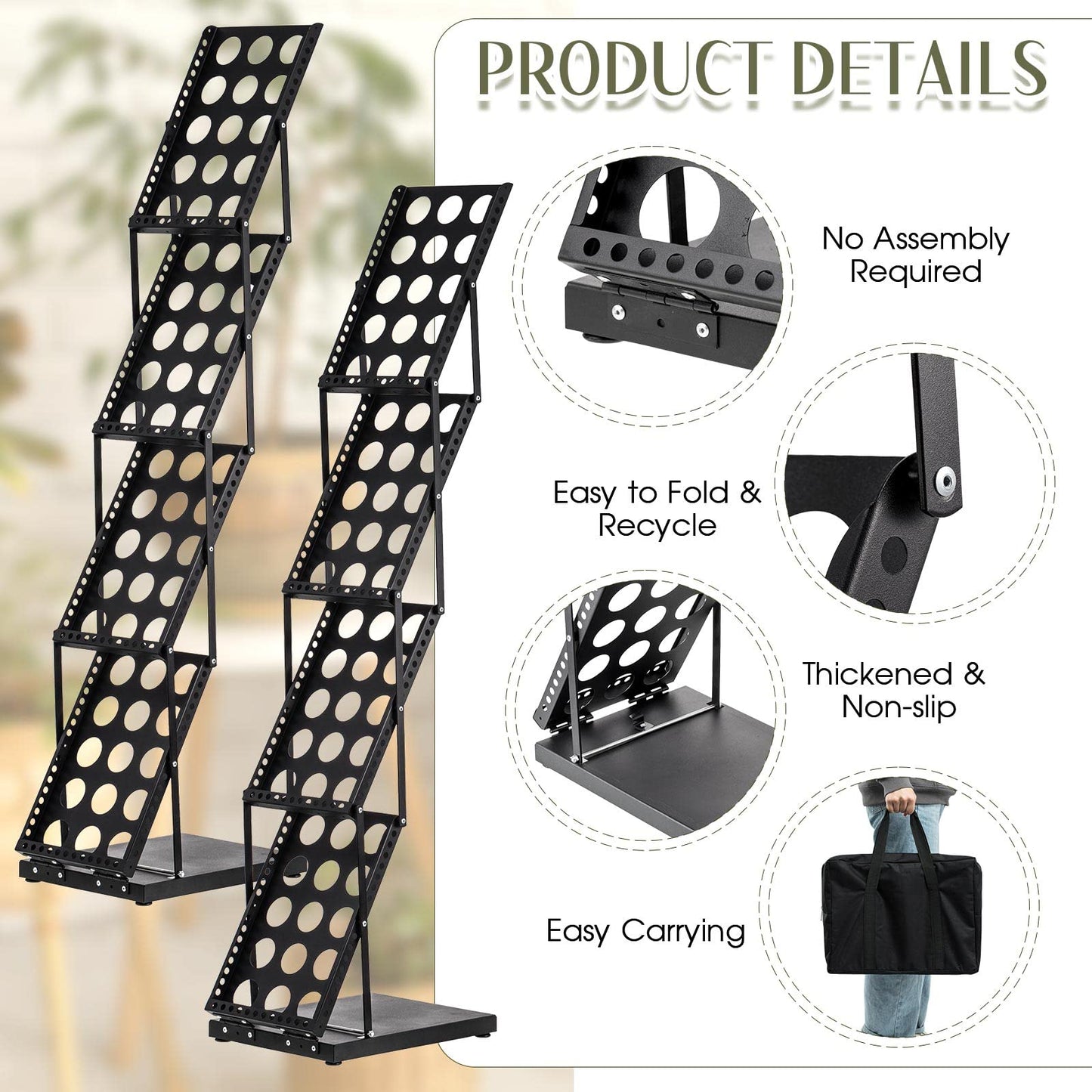 Tatuo 4 Pieces Foldable Magazine Rack Metal Catalog Literature Rack Portable 4 Pockets with Carrying Bag Brochure Stand Literature Display Holder Stand for Exhibition Trade Show