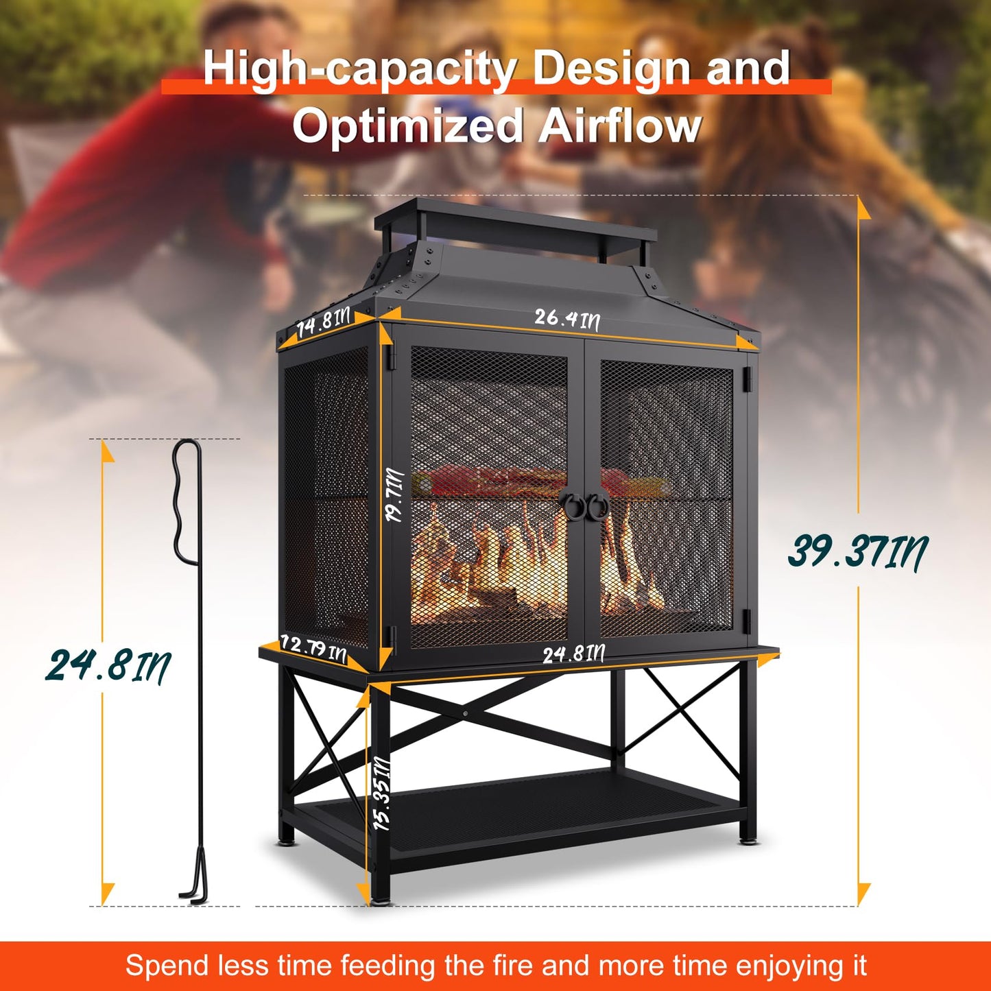 VELUVIA Metal Outdoor Fireplace for Patio - 39" H Square Chiminea Fire Pits Outside Wood Burning with Grill, Mesh Spark Screen & Fire Poker, for Garden, Backyard, Party, Camping, Picnic, BBQ, Bonfire
