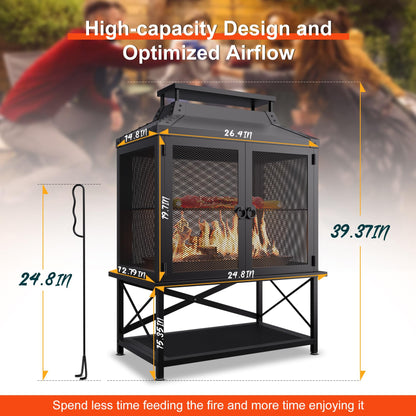 VELUVIA Metal Outdoor Fireplace for Patio - 39" H Square Chiminea Fire Pits Outside Wood Burning with Grill, Mesh Spark Screen & Fire Poker, for Garden, Backyard, Party, Camping, Picnic, BBQ, Bonfire