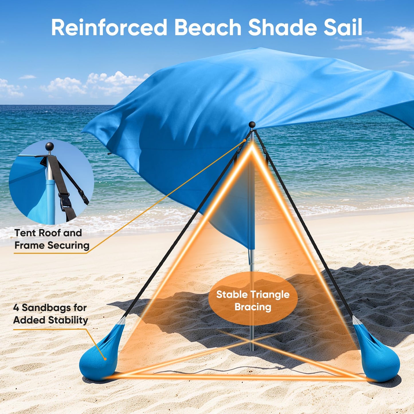 MoKo Beach Shade Canopy, 100 Sq.Ft. Wind-Supported Sunshade Sail for 4-6 People, Lightweight Easy Setup Beach Tent with UPF 50+ Sun Protection for Family Travel Coastal Trips, Blue