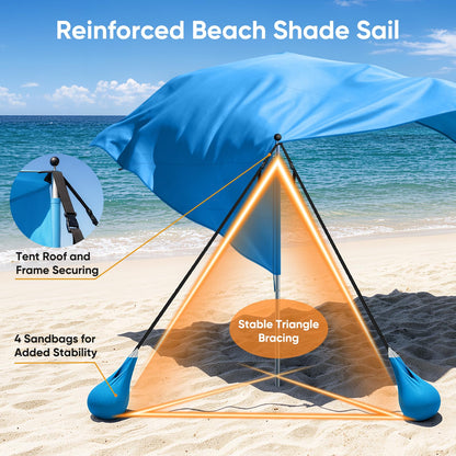 MoKo Beach Shade Canopy, 100 Sq.Ft. Wind-Supported Sunshade Sail for 4-6 People, Lightweight Easy Setup Beach Tent with UPF 50+ Sun Protection for Family Travel Coastal Trips, Blue