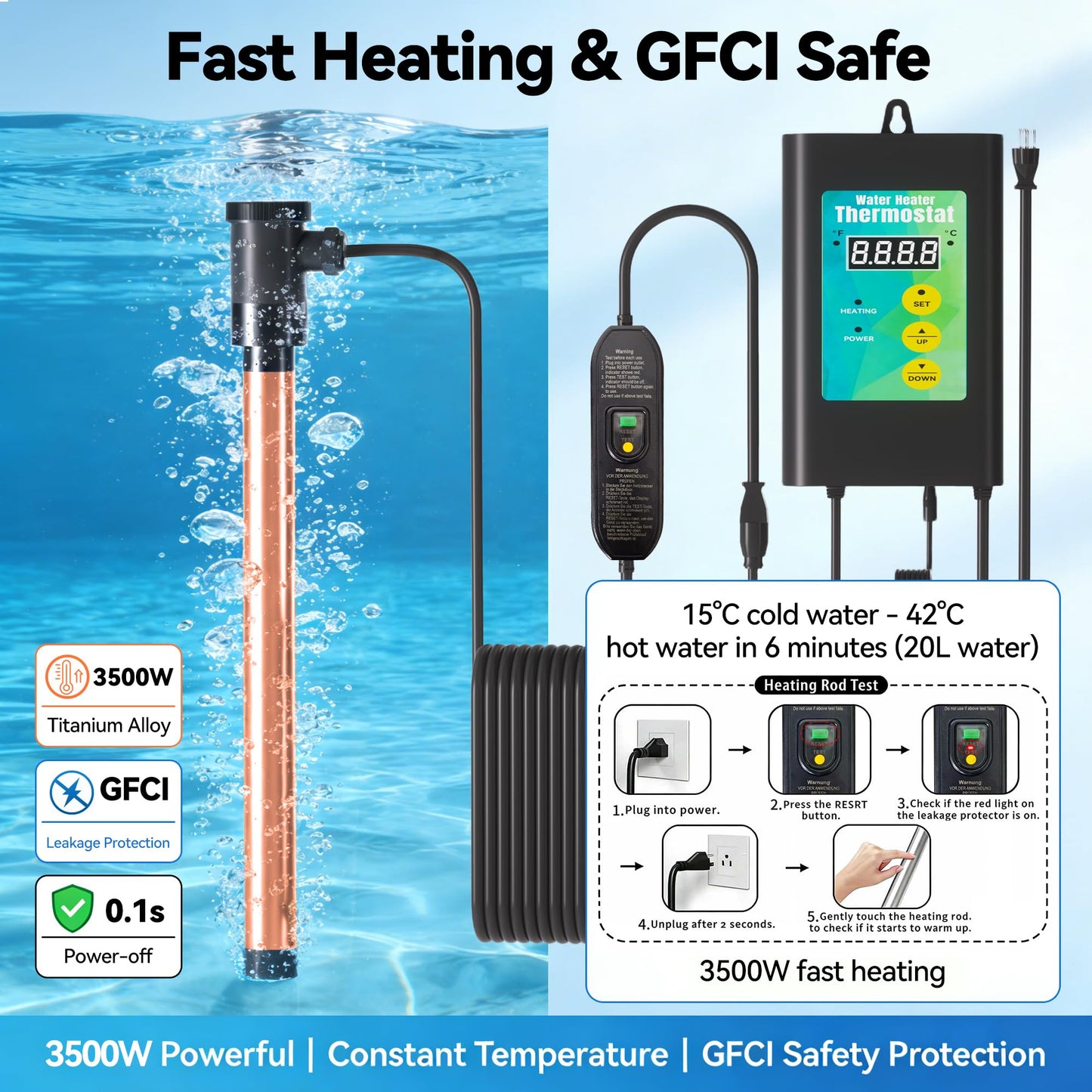 3500W 240V Titanium Fully Submersible Immersion Corrosion-Proof Water Heater, with Leakage Protection & Digital Thermostat, for Seawater Swimming Pool, Large Outdoor SPA, Commercial Large Pool