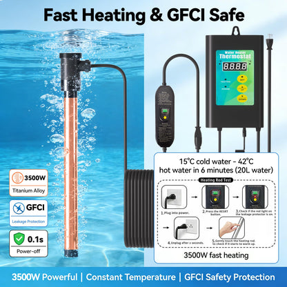 3500W 240V Titanium Fully Submersible Immersion Corrosion-Proof Water Heater, with Leakage Protection & Digital Thermostat, for Seawater Swimming Pool, Large Outdoor SPA, Commercial Large Pool