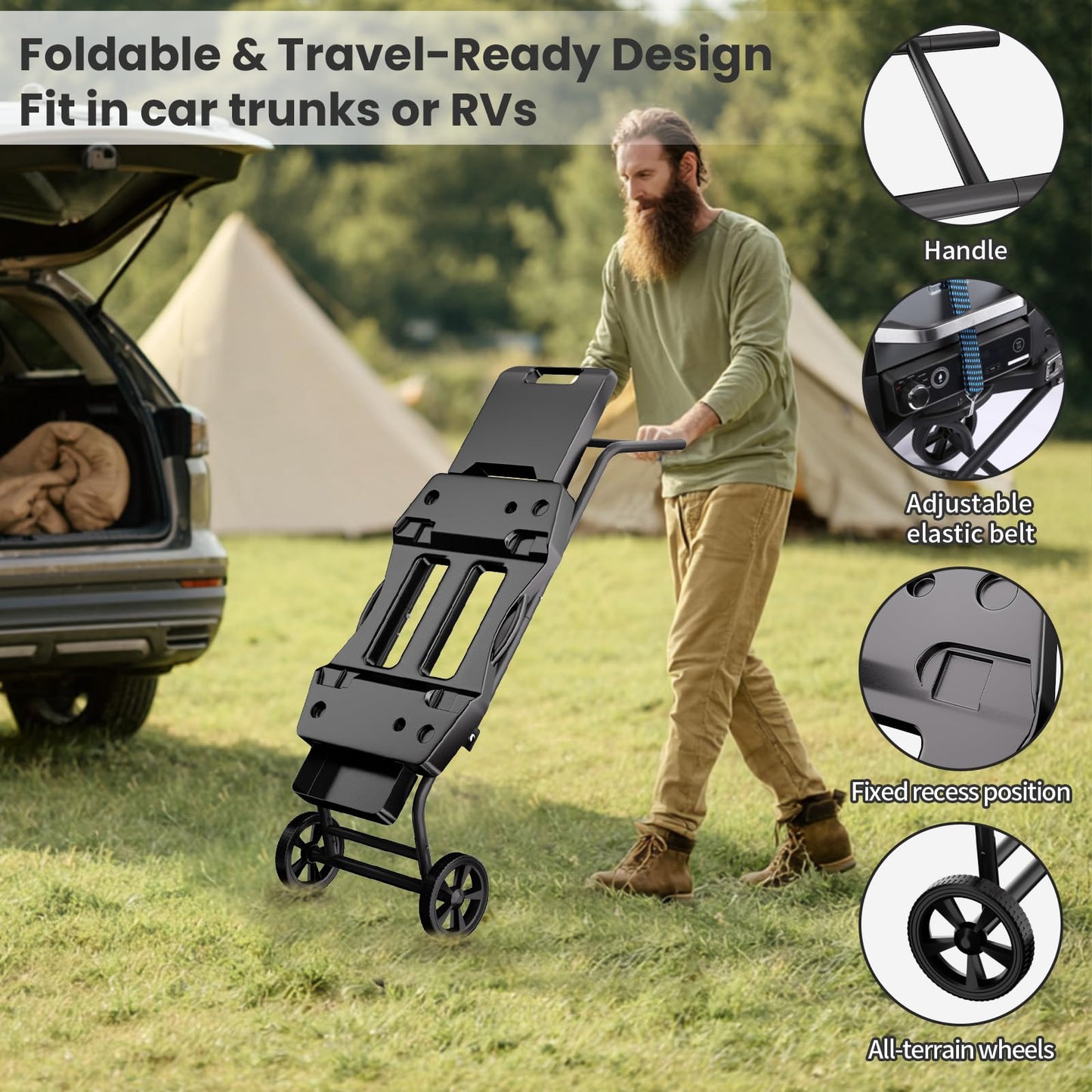 GRISUN Foldable Grill Table Stand for Ninja Woodfire Outdoor Grill（OG700/701/751), Portable Camping Table for Blackstone 22", Portable BBQ Stand with 2 Wheels, Side Table & Storage Basket